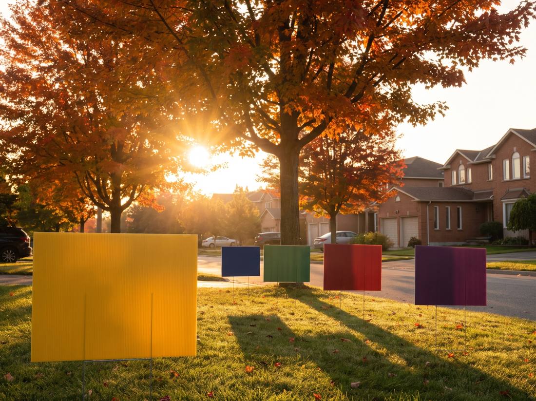 A quiet residential street at golden hour with blank lawn signs in navy, green, red, plum and yellow