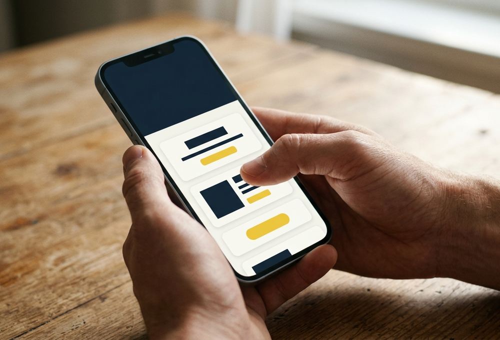 Hands holding a phone showing a campaign website with a navy header and yellow buttons